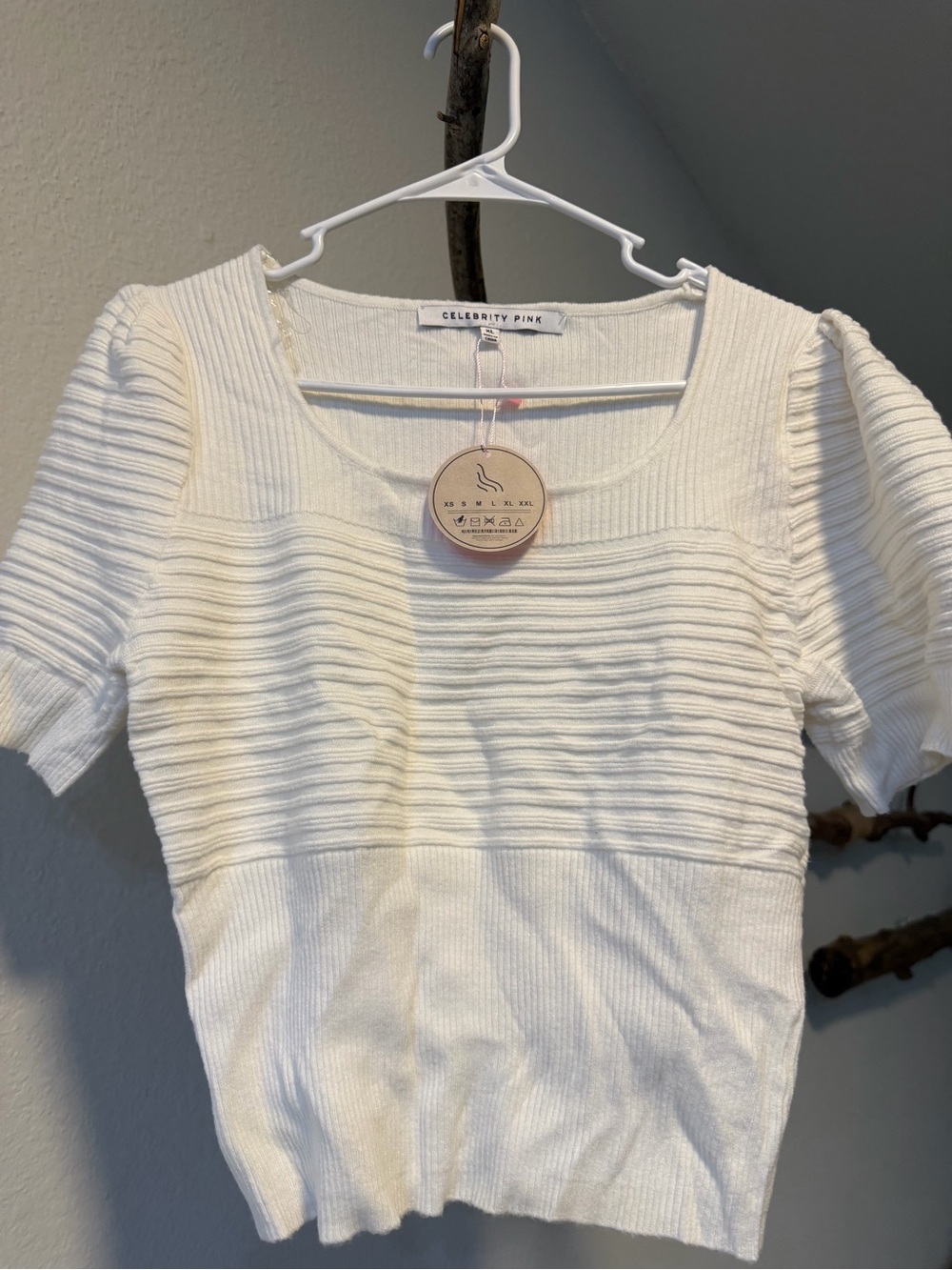 Celebrity Pink Cream Ribbed Square-Neck Short Sleeve Top